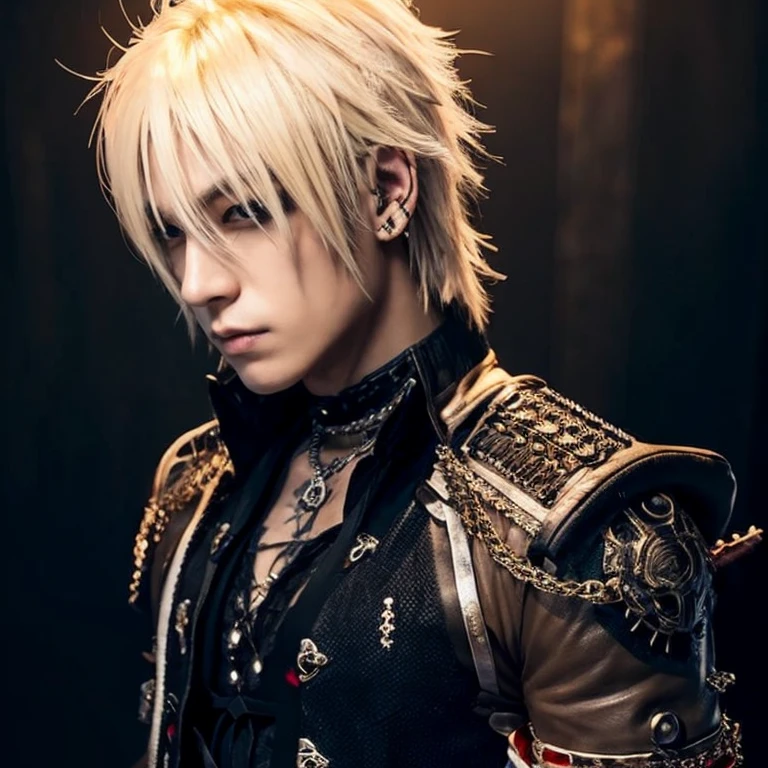 1 japanese male rocker, asien eyes, Visual Kai hairstyle, ultra detailed face and body, hyperrealistic, realistic representation, muscular, broad shoulders, tattoos gothic style, piercings, Visual Kei style, hairstyle Visual Kei, blond, 30 years old, age 30, outfit gothic streampunk, men's shirt and black pants, Asian eyes, eyes Asian, long hair, long hair