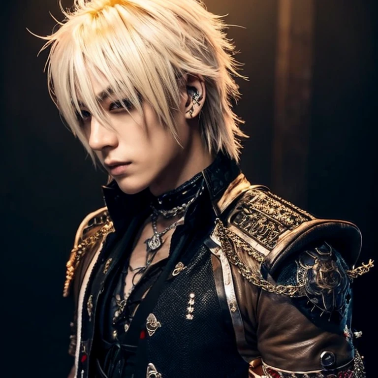 1 japanese male rocker, asien eyes, Visual Kai hairstyle, ultra detailed face and body, hyperrealistic, realistic representation, muscular, broad shoulders, tattoos gothic style, piercings, Visual Kei style, hairstyle Visual Kei, blond, 30 years old, age 30, outfit gothic streampunk, men's shirt and black pants, Asian eyes, eyes Asian, long hair, long hair