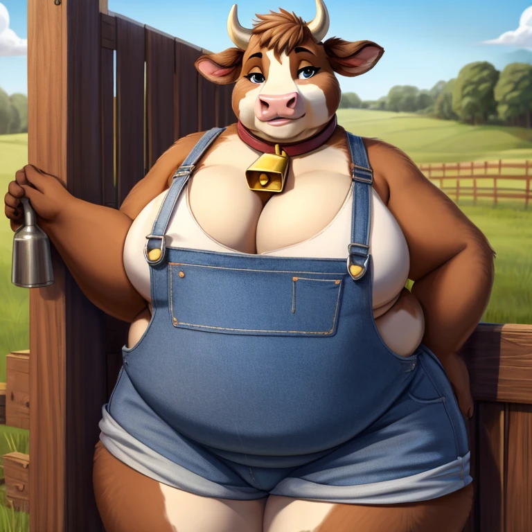 Solo, female, furry, cow, brown fur, pink nose, fat, chubby, fat rolls, thick thighs, on farm, cleavage, cowbell around neck, tank top, overalls, one strap unfastened, love handle overhang 