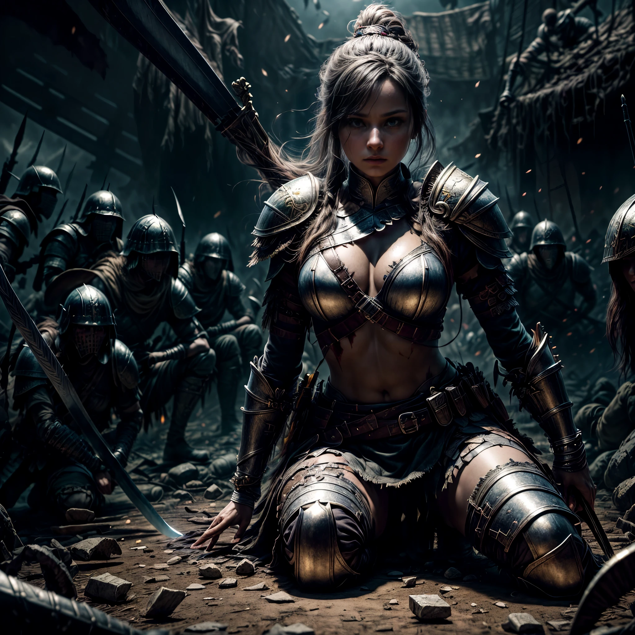 8K, Best Quality, Masterpiece, Ultra High Resolution, (highly detailed CG unity 8k wallpaper), (best illustration), (best shadows), isometric 3D, octane rendering, ray tracing, highly detailed, (wide panoramic view: 1.1), a female warrior in armor with a sword in her hands sits on a pile of mutilated corpses of dead monsters in the middle of an epic battlefield