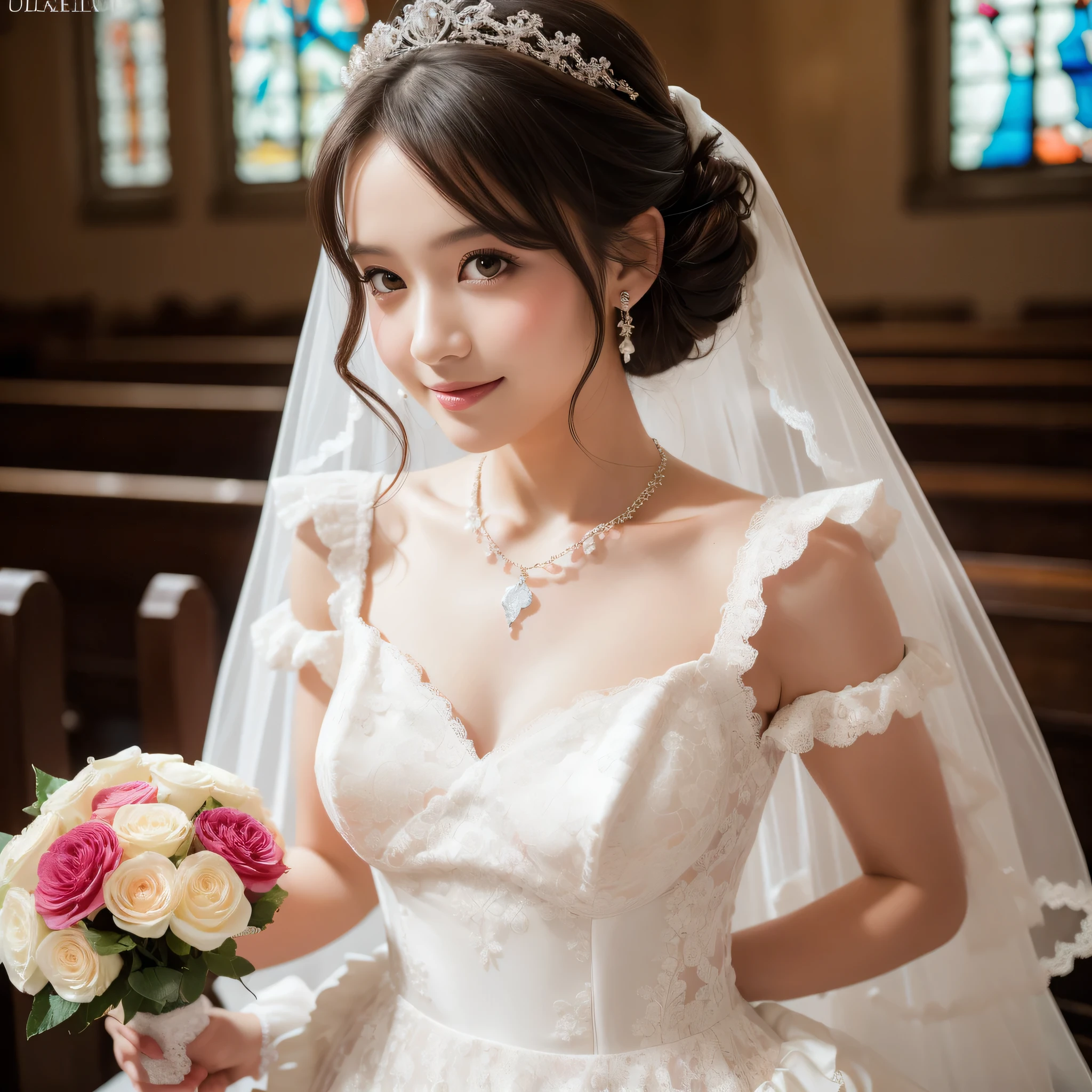 (kawaii face), (flat chest:1.2), happy smile, makeup, (Beautiful frills and lace cute wedding dress, bare shoulders:1.3), (tiaras, necklaces, earrings), Ultra High Definition, Superior Quality, Premier Quality, ultra detailed, Photorealistic, 8k, RAW Photos, highest quality, masterpiece, professional photography, Realistic portrait, Beautiful detailed, Close up portrait of girl, (chapel, stained glass), bouquet, flower decoration, beautiful bride pictures, (Fine face:1.2),
