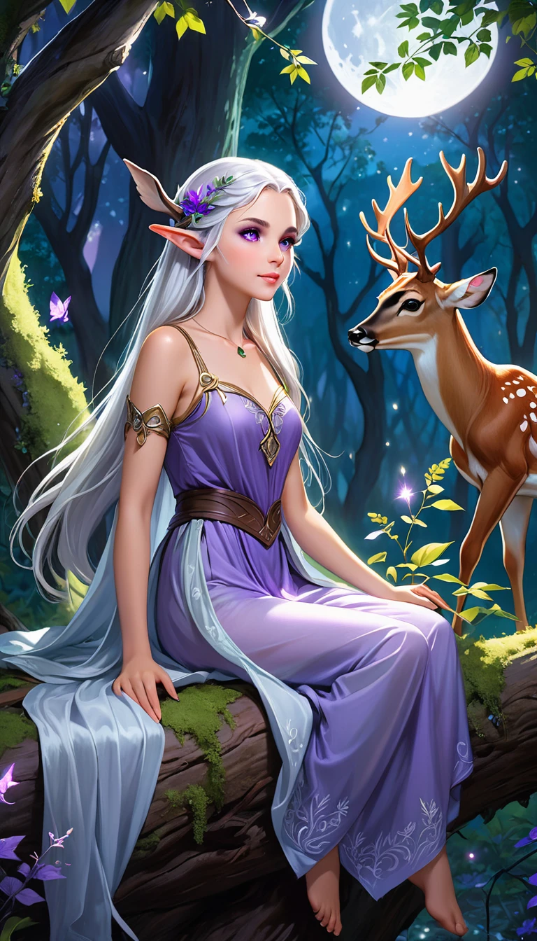 A young elf woman, with silver hair and bright purple eyes, is sitting on a tree, surrounded by a dense and lush forest. The night is bluish and clear, with the full moon shining brightly in the sky. Deers dance around your head, creating a magical and decorated environment. The young woman seems to be a part of the night, her skin shining with a touch of magic. She seems to be a mysterious and attractive figure, her serene expression and her relaxed posture. The scene conveys a sense of harmony and connection with nature, as if the young elf were an integral part of the wild world that surrounds her.