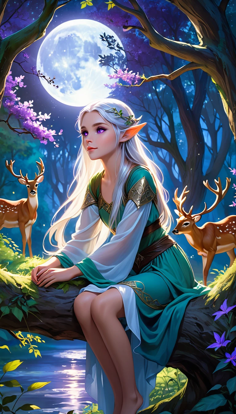 A young elf woman, with silver hair and bright purple eyes, is sitting on a tree, surrounded by a dense and lush forest. The night is bluish and clear, with the full moon shining brightly in the sky. Deers dance around your head, creating a magical and decorated environment. The young woman seems to be a part of the night, her skin shining with a touch of magic. She seems to be a mysterious and attractive figure, her serene expression and her relaxed posture. The scene conveys a sense of harmony and connection with nature, as if the young elf were an integral part of the wild world that surrounds her.