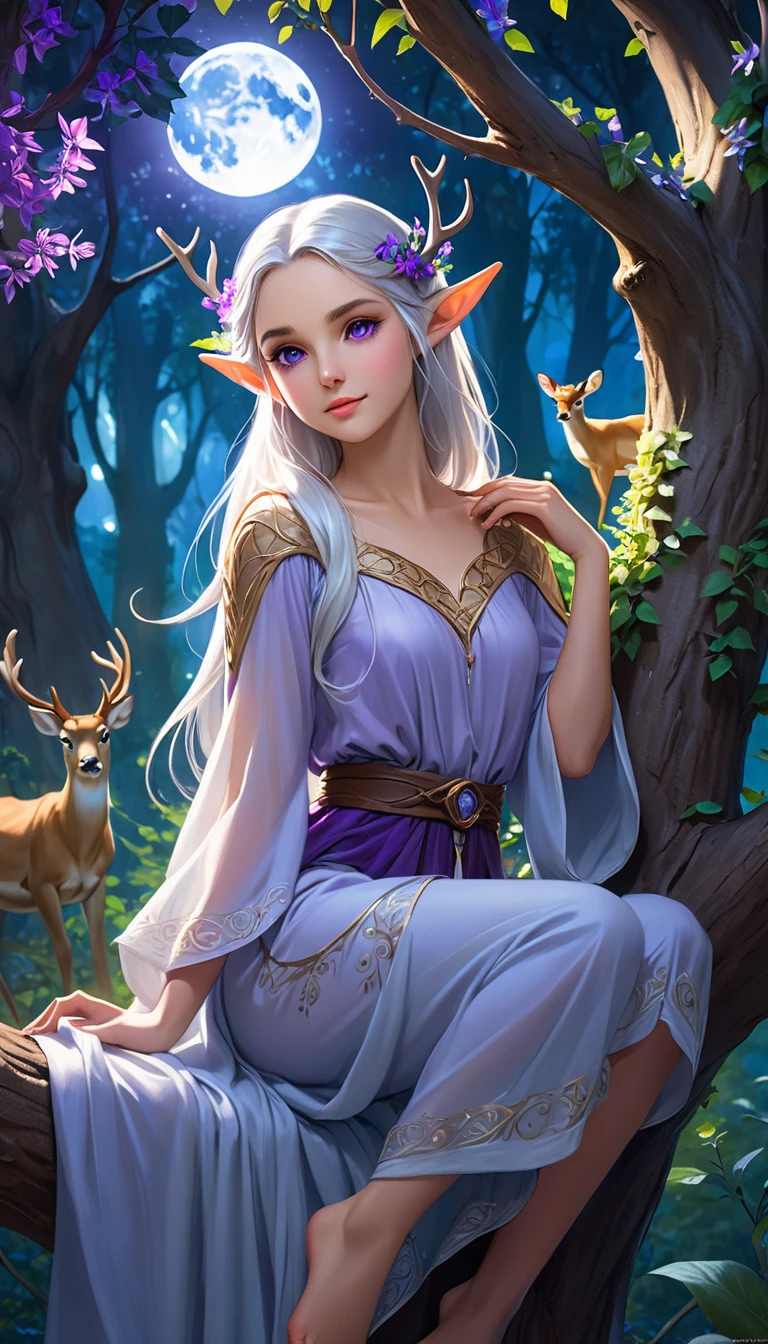 A young elf woman, with silver hair and bright purple eyes, is sitting on a tree, surrounded by a dense and lush forest. The night is bluish and clear, with the full moon shining brightly in the sky. Deers dance around your head, creating a magical and decorated environment. The young woman seems to be a part of the night, her skin shining with a touch of magic. She seems to be a mysterious and attractive figure, her serene expression and her relaxed posture. The scene conveys a sense of harmony and connection with nature, as if the young elf were an integral part of the wild world that surrounds her.