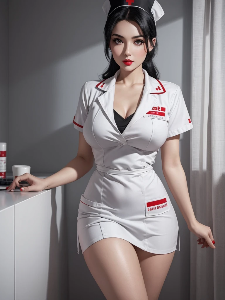 woman with black hair and white skin, gray eyes, dressed as a nurse. pin up style. sensual. whole body