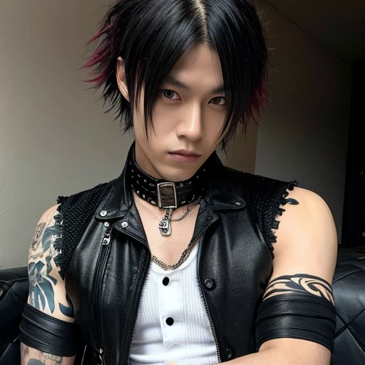 1 japanese male rocker, asien eyes, Visual Kai hairstyle, ultra detailed face and body, hyperrealistic, realistic representation, muscular, broad shoulders, tattoos gothic style, piercings, Visual Kei style, hairstyle Visual Kei, blond, 30 years old, age 30, outfit gothic streampunk, men's shirt and black pants, Asian eyes, eyes Asian, long hair, long hair
