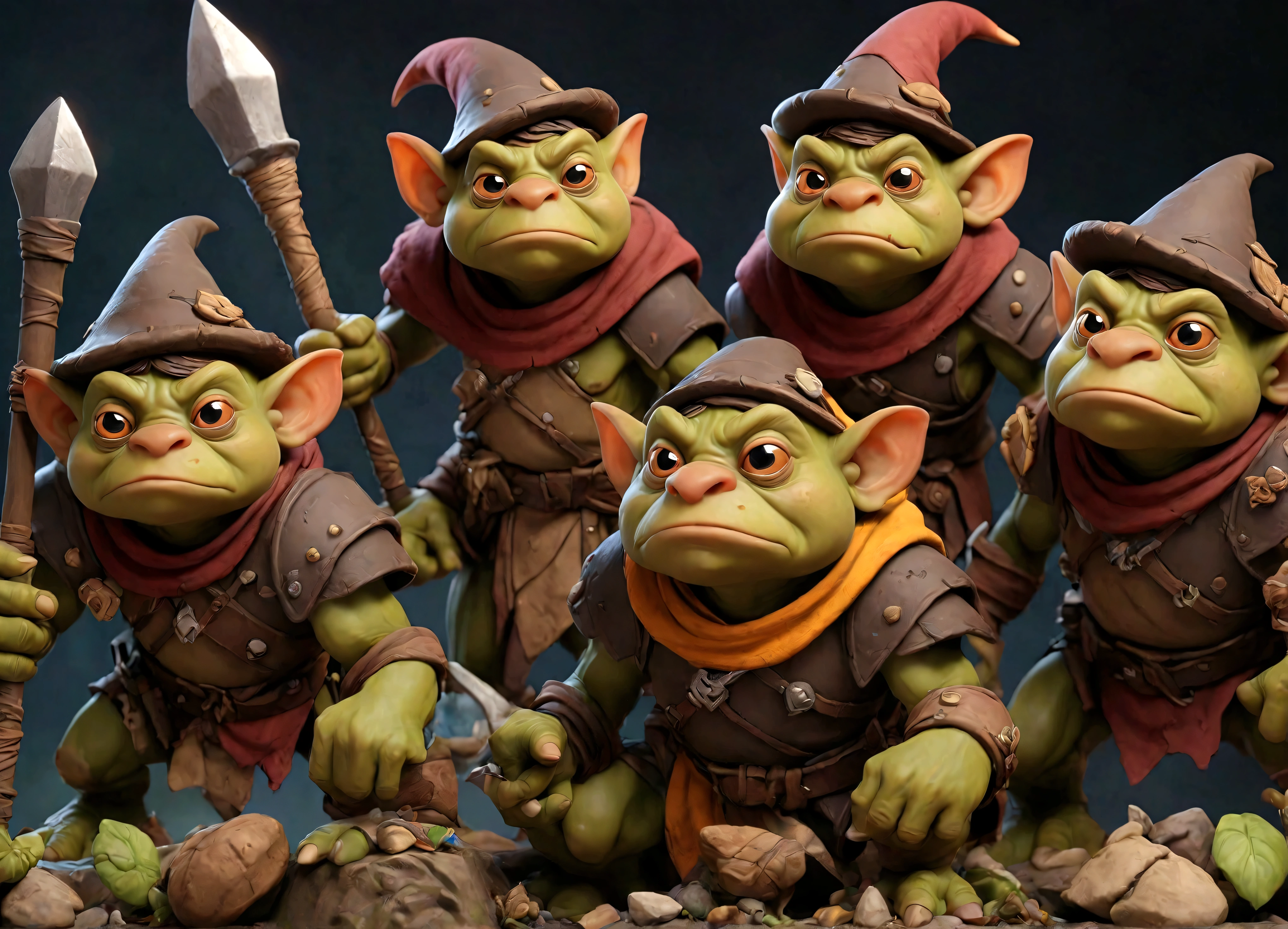 a squad of elite goblins, goblin sized toad, evil cowardly goblins, fighter cleric wizard thief, garbage versions of heroic armor, highly detailed, intricate, cinematic lighting, vibrant colors, 8k, hyper realistic, dark fantasy, masterpiece