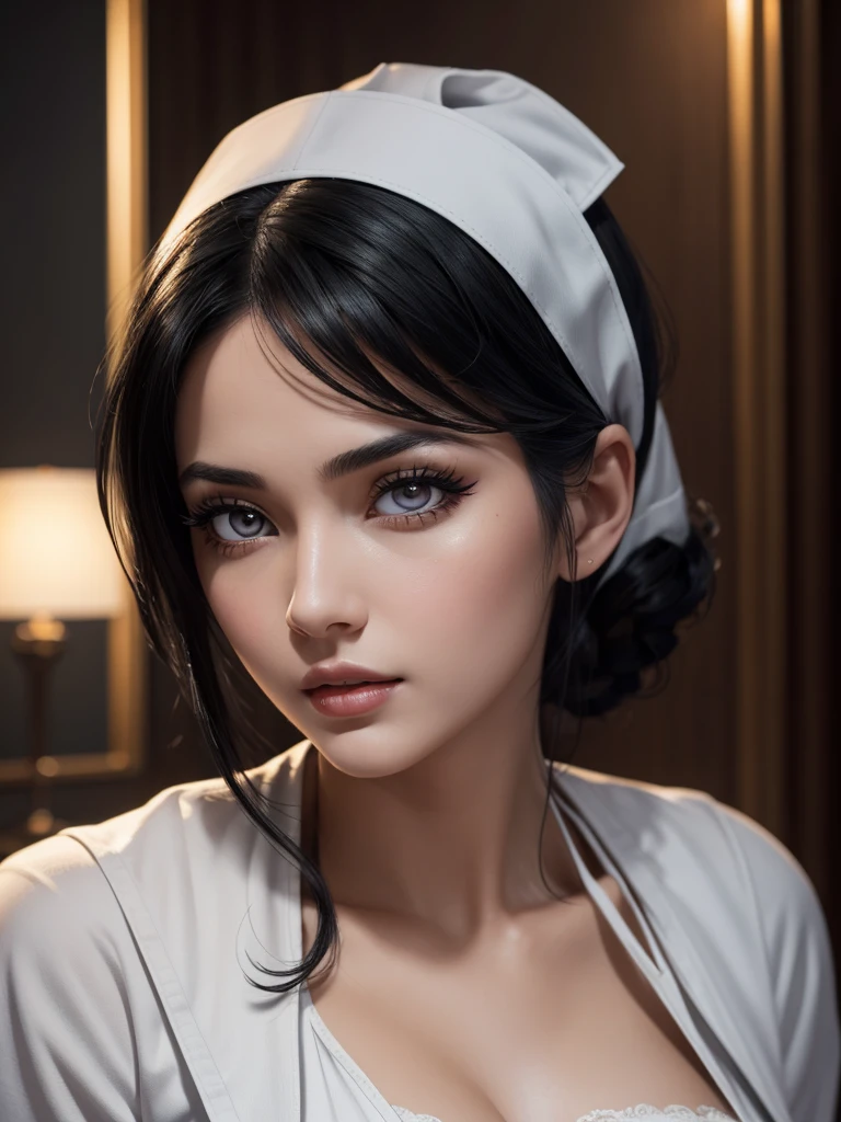 woman with black hair and white skin, gray eyes, dressed as a nurse, pin up style, sensual, whole body, beautiful detailed eyes, beautiful detailed lips, extremely detailed eyes and face, long eyelashes, highly detailed, cinematic lighting, 8k, hyperrealistic, photorealistic, ultra-detailed, masterpiece, digital painting, oil painting, chiaroscuro, warm color palette, dramatic lighting, depth of field