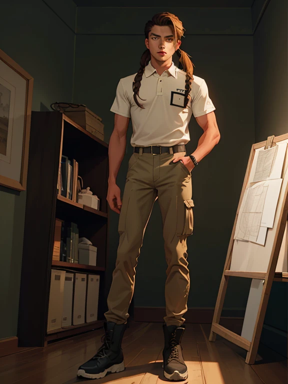 ink painting style, sketch, dynamic image of a young athlete with a toned body(flat chest:1.1), very tousled dark brown tousled long hair tied in a ponytail, golden brown eyes, calming look of a psychiatrist, wearing a khaki polo shirt, military-style trousers with patch pockets and massive high infantry boots, A play of chiaroscuro
