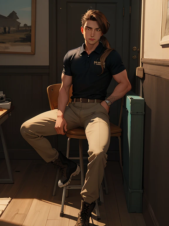 ink painting style, sketch, dynamic image of a young athlete with a toned body(flat chest:1.1), very tousled dark brown tousled long hair tied in a ponytail, golden brown eyes, calming look of a psychiatrist, wearing a khaki polo shirt, military-style trousers with patch pockets and massive high infantry boots, A play of chiaroscuro