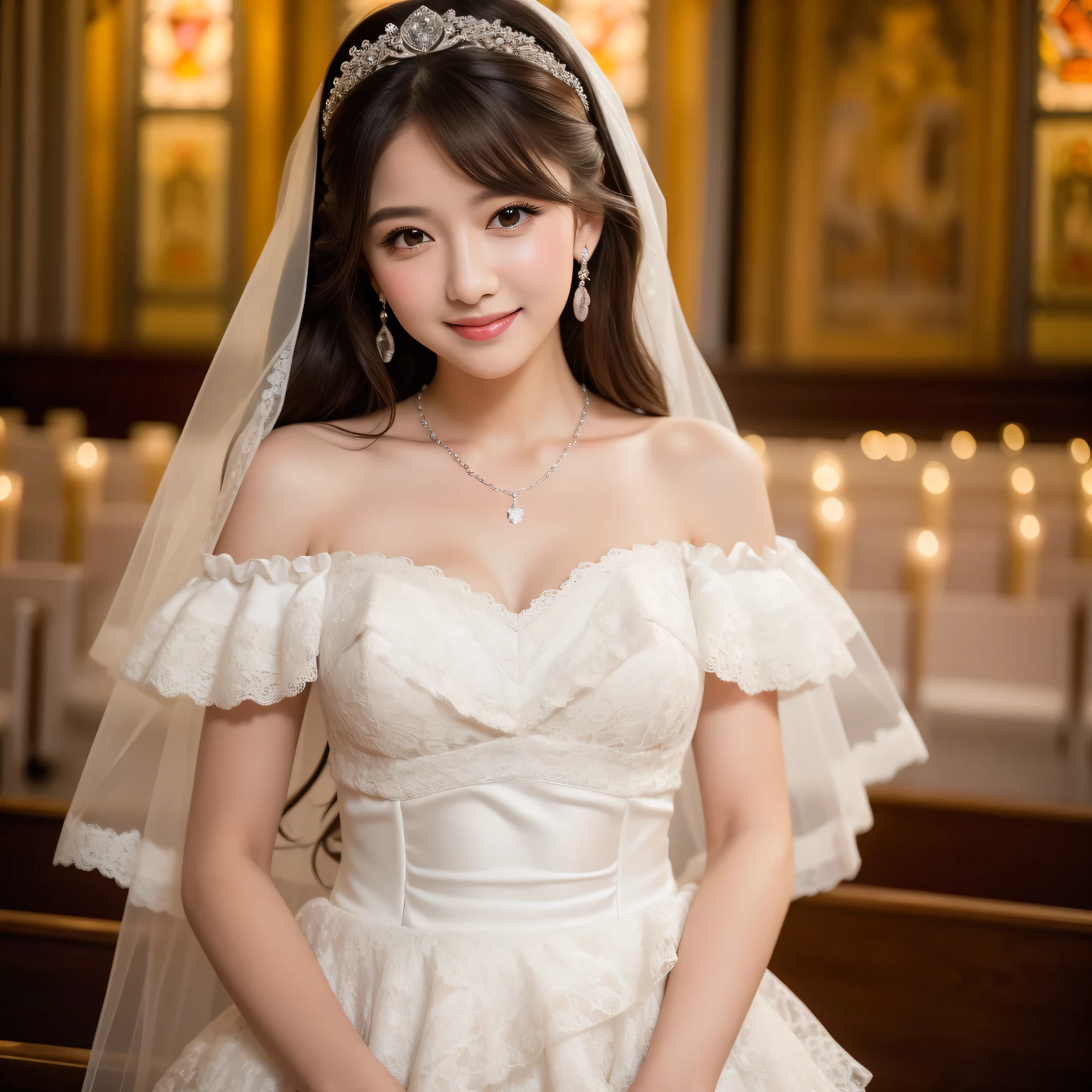 (kawaii face), (flat chest:1.2), happy smile, makeup, (Beautiful frills and lace cute wedding dress, bare shoulders:1.3), (tiaras, necklaces, earrings), Ultra High Definition, Superior Quality, Premier Quality, ultra detailed, Photorealistic, 8k, RAW Photos, highest quality, masterpiece, professional photography, Realistic portrait, Beautiful detailed, Close up portrait of girl, (chapel, stained glass), bouquet, flower decoration, beautiful bride pictures, (Fine face:1.2),