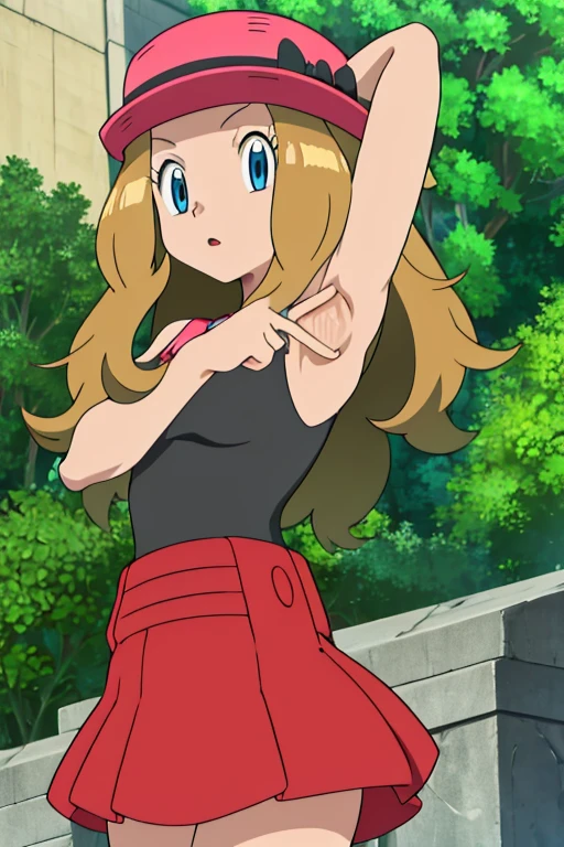 masterpiece, best quality, highres, outdoors, 1girl, solo, serena (pokemon), pink headwear, red skirt, black shirt, bare shoulders, looking at viewer, arms behind head, contrapposto, spread armpit,