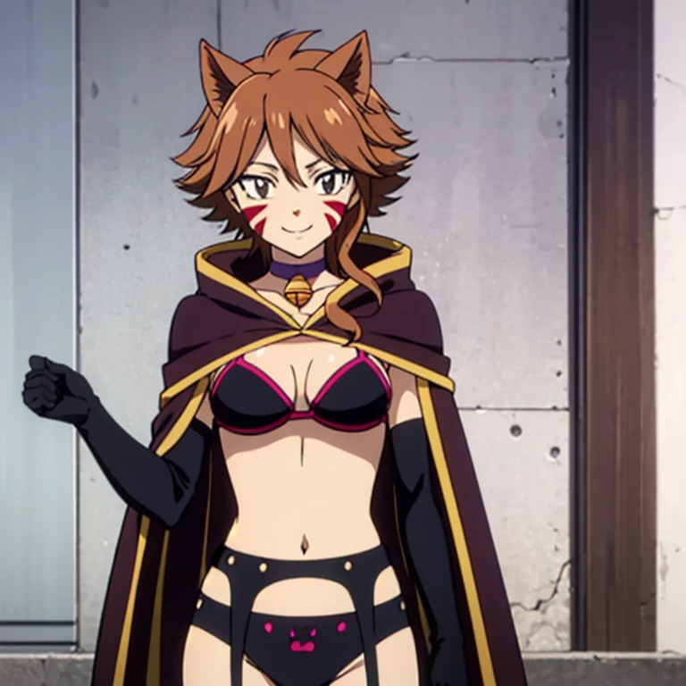 MILLIANNA, brown hair, brown hair, facial mark, whisker markings, cat ears, bikini, black bra, cape, elbow gloves, striped thighhighs, collar (or choker), bell, lingerie, garter belt, boots, cat tail, 1girl, solo, facing viewer, looking at viewer, upper body, smile