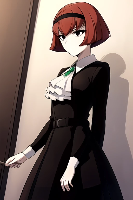 masterpiece,best quality,1girl,dorothy,black eyes,red hair,black hairband,black dress,white ascot with green gem,expressionless,arms at sides,indoors,cowboy shot,dutch angle,