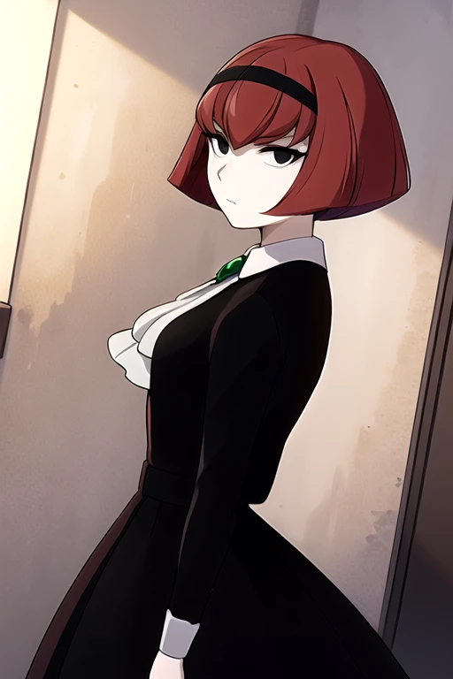 masterpiece,best quality,1girl,dorothy,black eyes,red hair,black hairband,black dress,white ascot with green gem,expressionless,arms at sides,indoors,cowboy shot,dutch angle,