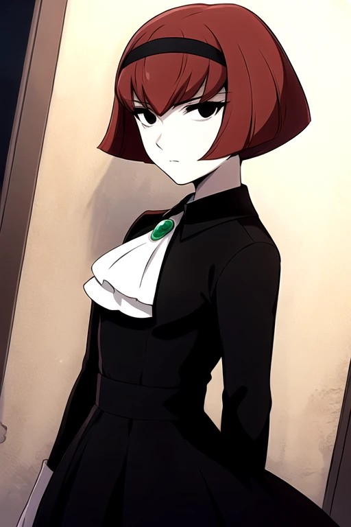 masterpiece,best quality,1girl,dorothy,black eyes,red hair,black hairband,black dress,white ascot with green gem,expressionless,arms at sides,indoors,cowboy shot,dutch angle,