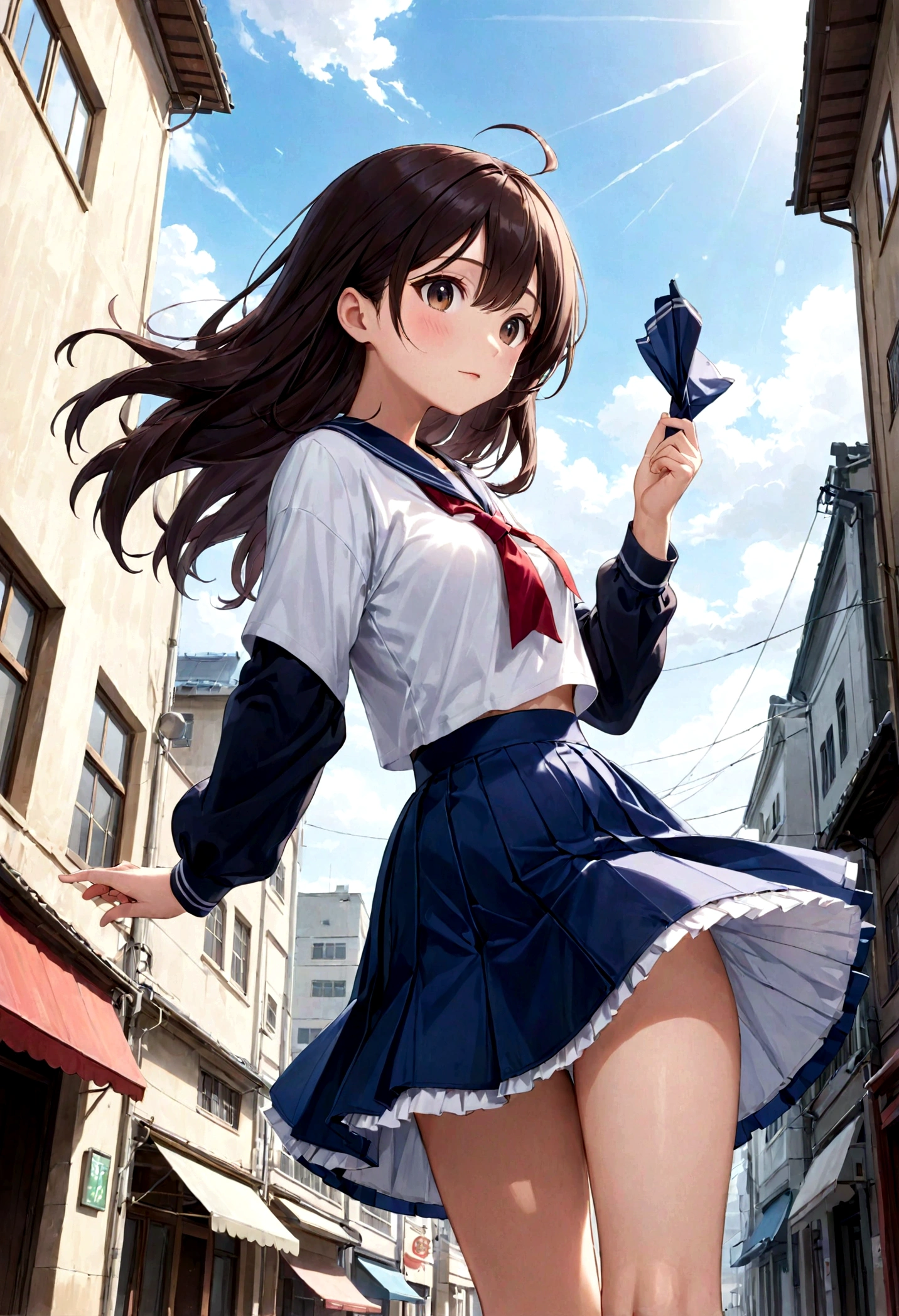 Low - Angle、Long skirt、強WindでHolding the flipping skirt with your hand、強WindでWhite cotton pantiesが見えている、:((Holding the flipping skirt with your hand))Low - Angle8Kで、highest quality、masterpiece、Ultra-detailed、Ultra-high resolution、Anime Style、1. High school girl、強Wind、((Holding the flipping skirt with your hand))、(impatient)White cotton panties:1.5), (Wind:1.25), (highest quality:1.0), (masterpiece:1.0), (Ultra-fine illustrations:1.0), ネイビーブルーのLong skirt、
、Lined、