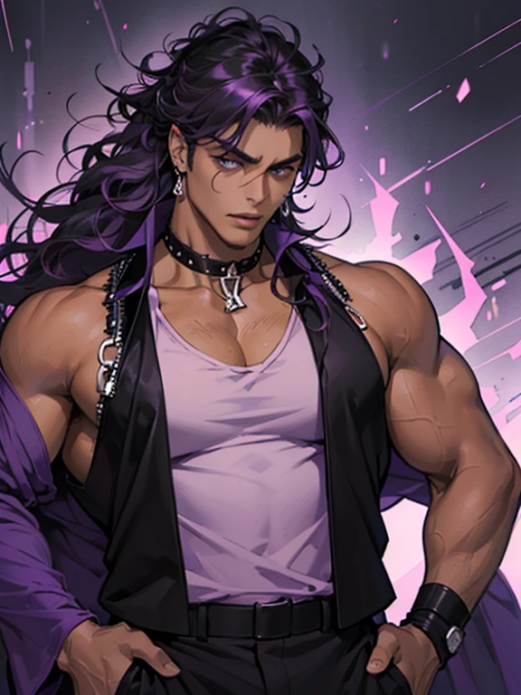 Tall thick muscular man, Dark skin, Purple narrow eyes, Black hair with purple streaks, Curly shoulder-length hair, Long bangs covering the eyes, Wide face, Plump lips, Earring in left ear, Black choker with spikes, Black shirt, Purple vest, Purple pants.