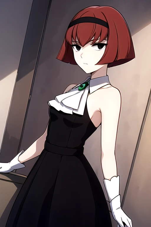 masterpiece,best quality,1girl,dorothy,black eyes,white gloves,red hair,black hairband,black dress,white ascot with green gem,expressionless,arms at sides,indoors,cowboy shot,dutch angle,