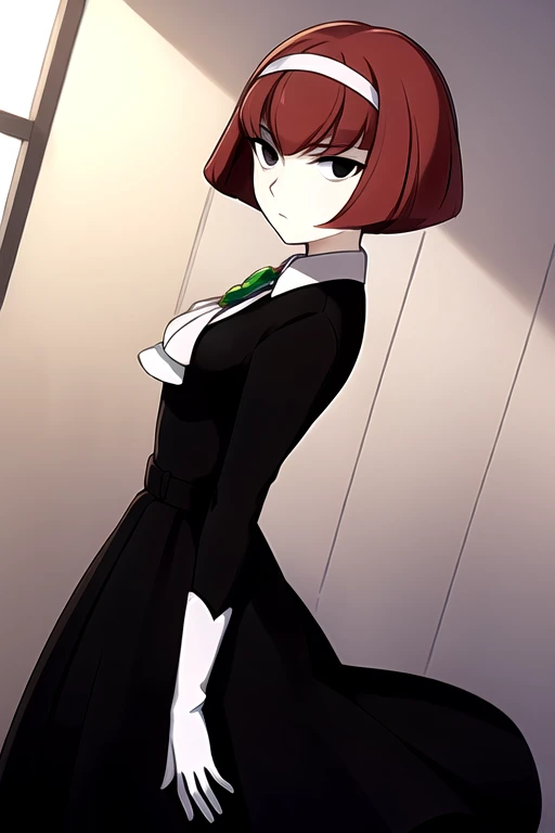 masterpiece,best quality,1girl,dorothy,black eyes,white gloves,red hair,black hairband,black dress,white ascot with green gem,expressionless,arms at sides,indoors,cowboy shot,dutch angle,