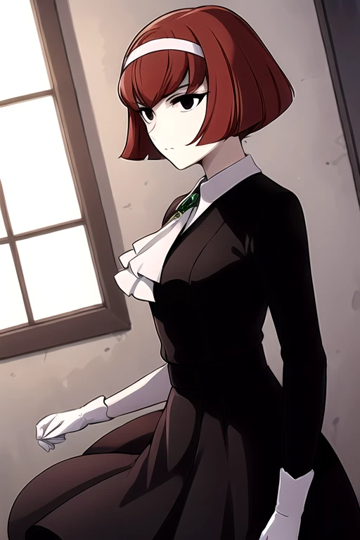 masterpiece,best quality,1girl,dorothy,black eyes,white gloves,red hair,black hairband,black dress,white ascot with green gem,expressionless,arms at sides,indoors,cowboy shot,dutch angle,