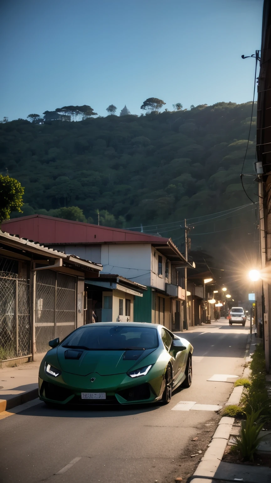 scene from a marvel film, a dark green Lamborghini Huracan in a favela of Brasil. cinematic lighting, 8k, high definition