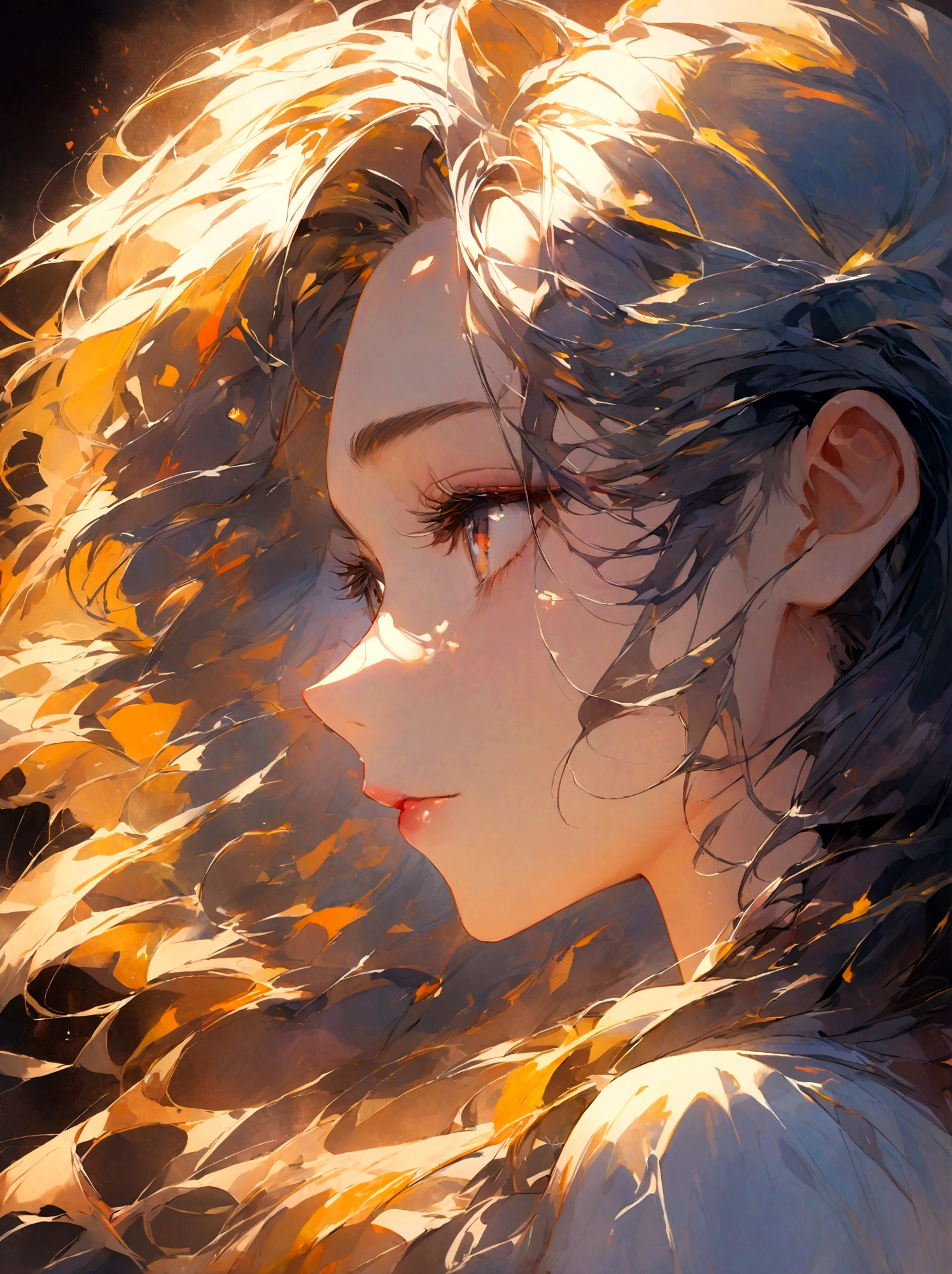 A master oil painting，Close-up of the side face of a beautiful woman