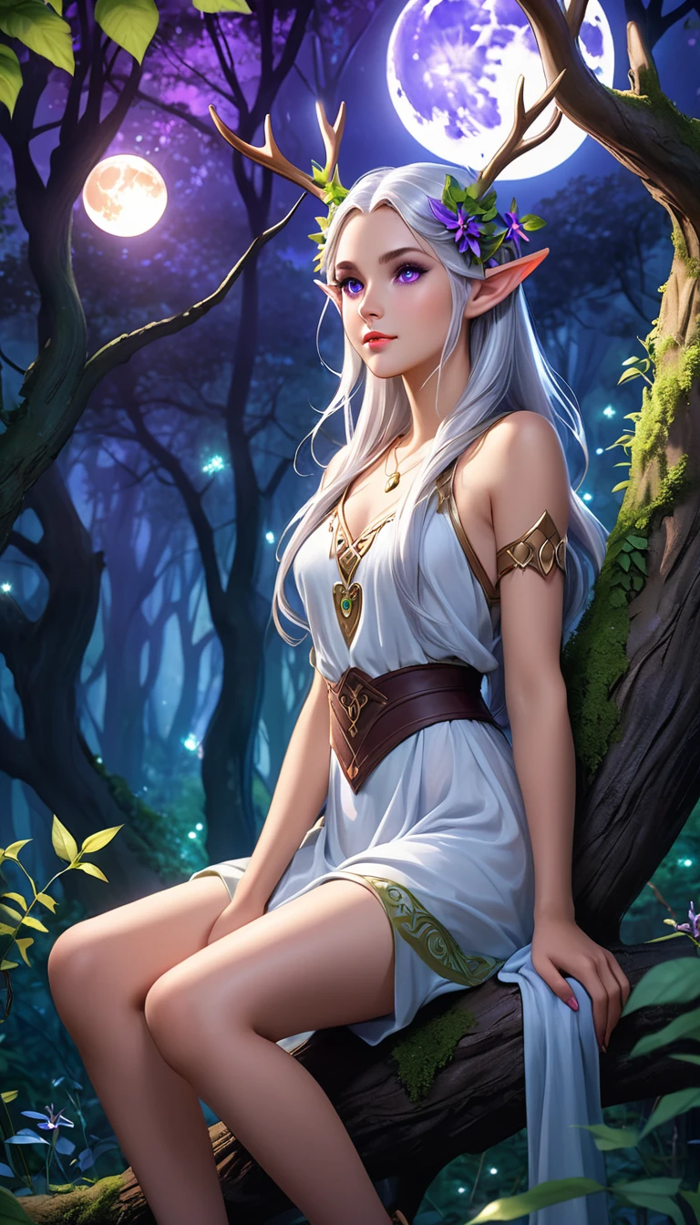 A young elf woman, with silver hair and bright purple eyes, is sitting on a tree, surrounded by a dense and lush forest. The night is bluish and clear, with the full moon shining brightly in the sky. Deers dance around your head, creating a magical and decorated environment. The young woman seems to be a part of the night, her skin shining with a touch of magic. She seems to be a mysterious and attractive figure, her serene expression and her relaxed posture. The scene conveys a sense of harmony and connection with nature, as if the young elf were an integral part of the wild world that surrounds her. NSFW
