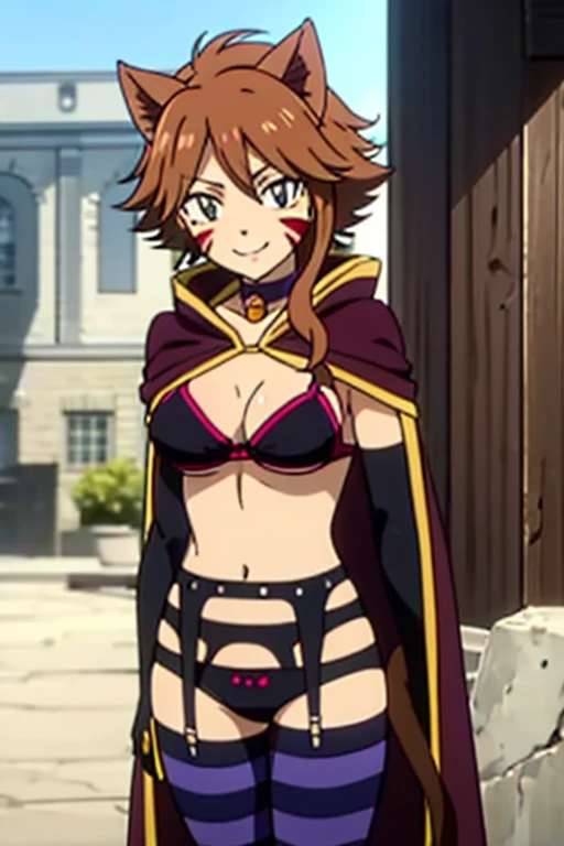 MILLIANNA, brown hair, brown hair, facial mark, whisker markings, cat ears, bikini, black bra, cape, elbow gloves, striped thighhighs, collar (or choker), bell, lingerie, garter belt, boots, cat tail, 1girl, solo, facing viewer, looking at viewer, upper body, smile