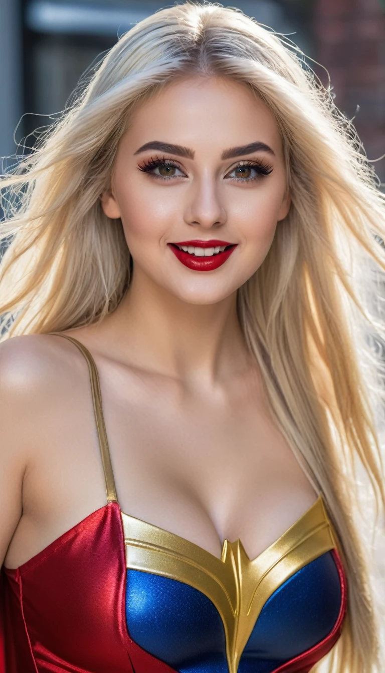 hyperrealistic beautiful busty 19-year-old woman with long legs wearing female superhero cosplay outfit, model shooting full body photography, bleached blonde very long straight hair, soaky wet skin, dark eye makeup with eyeliner, seductive smile, red lips, 8K, Best quality, Meisterwerk, ultra high resolution, (Realismus: 1.4), Originalfoto, (realistische Hautstruktur: 1.3), (Filmkorn: 1.3), (Selfie-Winkel), 1 girl, Beautiful round hazel eyes and facial details, Meisterwerk, Best quality, outdoor photography, nsfw
