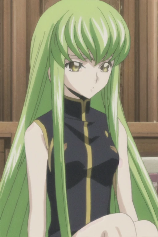 cc, 1girl, solo, long_hair, bangs, bare_shoulders, sitting, closed_mouth, yellow_eyes, upper_body, sidelocks, green_hair, sleeveless, shiny, indoors, shiny_hair, turtleneck, frown, looking_away, parody, expressionless, portrait, meme, style_parody, anime_coloring, c.c.