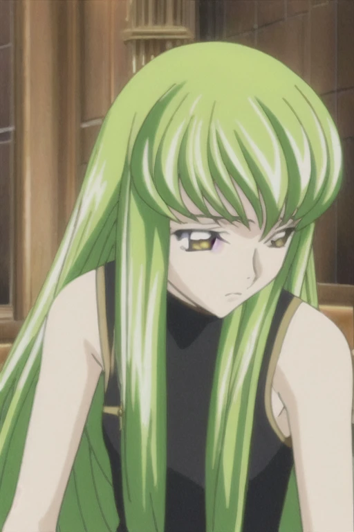 cc, 1girl, solo, long_hair, bangs, bare_shoulders, sitting, closed_mouth, yellow_eyes, upper_body, sidelocks, green_hair, sleeveless, shiny, indoors, shiny_hair, turtleneck, frown, looking_away, parody, expressionless, portrait, meme, style_parody, anime_coloring, c.c.