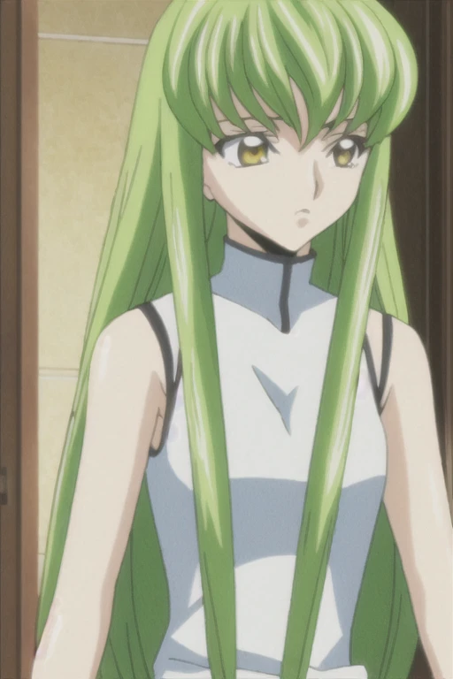 cc, 1girl, solo, long_hair, bangs, bare_shoulders, sitting, closed_mouth, yellow_eyes, upper_body, sidelocks, green_hair, sleeveless, shiny, indoors, shiny_hair, turtleneck, frown, looking_away, parody, expressionless, portrait, meme, style_parody, anime_coloring, c.c.