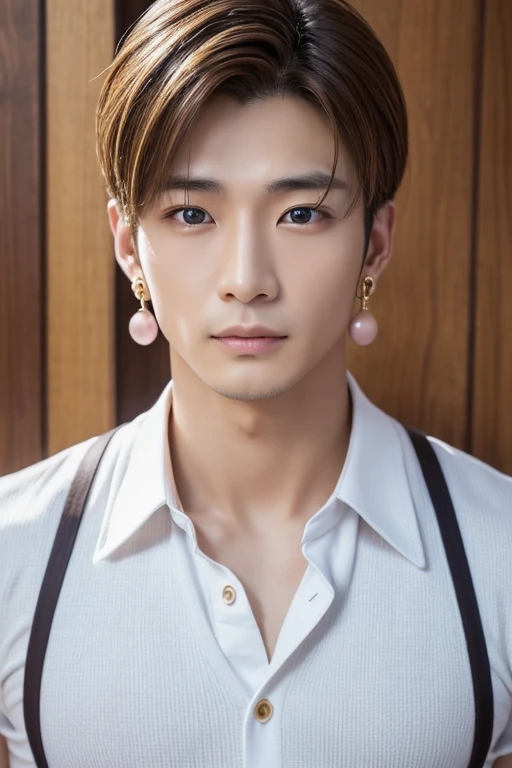 1 person, male, 日本人male性, Very detailed face and body, Surreal, Realistic expression, Muscular, Broad shoulders, Earrings, blonde, Long Hair, 30 years old, Asian Eyes