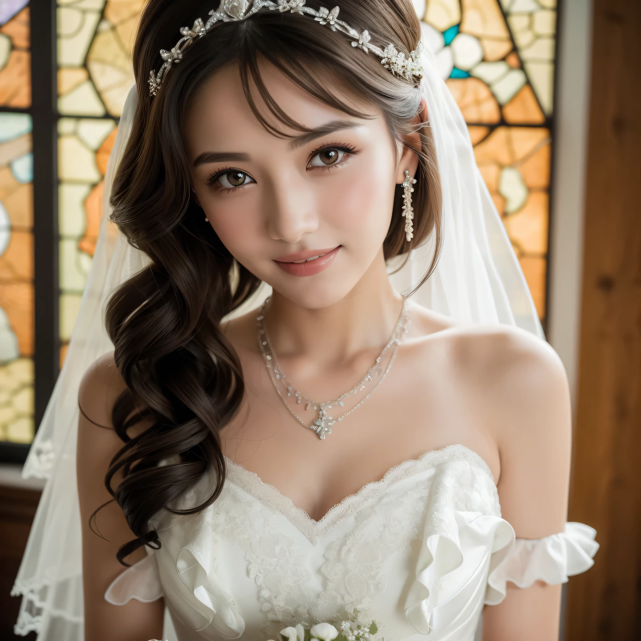 (kawaii face), (flat chest:1.2), happy smile, makeup, (Beautiful frills and lace cute wedding dress, bare shoulders:1.3), (tiaras, necklaces, earrings), Ultra High Definition, Superior Quality, Premier Quality, ultra detailed, Photorealistic, 8k, RAW Photos, highest quality, masterpiece, professional photography, Realistic portrait, Beautiful detailed, Close up portrait of girl, (chapel, stained glass), bouquet, flower decoration, beautiful bride pictures, (Fine face:1.2),