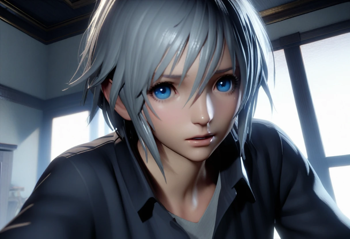  1boy, grey hair, blue eyes, scared, upper body, bedroom, indoor, masterpiece, best quality, absurdres, very aesthetic, (((early))), [3D:7], General 