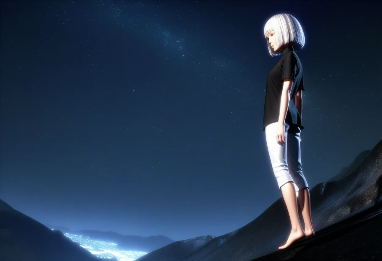 1girl, white hair, bob cut, black shirt, turtleneck, short sleeve, white pants, bare feet, standing, outdoors, night, night sky, mountains, masterpiece, best quality, absurdres, very aesthetic, (((early))), [3D:7], General