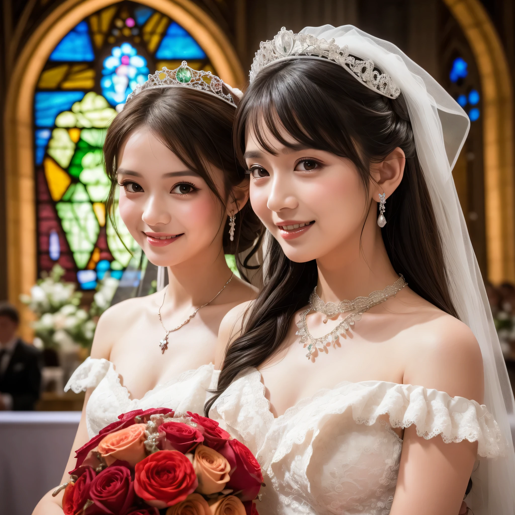 (kawaii face), (flat chest:1.2), happy smile, makeup, (Beautiful frills and lace cute wedding dress, bare shoulders:1.3), (tiaras, necklaces, earrings), Ultra High Definition, Superior Quality, Premier Quality, ultra detailed, Photorealistic, 8k, RAW Photos, highest quality, masterpiece, professional photography, Realistic portrait, Beautiful detailed, Close up portrait of girl, (chapel, stained glass), bouquet, flower decoration, beautiful bride pictures, (Fine face:1.2),

