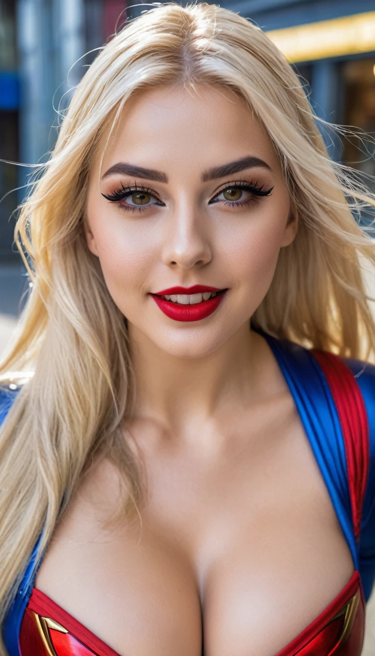 hyperrealistic beautiful busty 19-year-old woman with long legs wearing female superhero cosplay outfit, model shooting full body photography, bleached blonde very long straight hair, soaky wet skin, dark eye makeup with eyeliner, seductive smile, red lips, 8K, Best quality, Meisterwerk, ultra high resolution, (Realismus: 1.4), Originalfoto, (realistische Hautstruktur: 1.3), (Filmkorn: 1.3), (Selfie-Winkel), 1 girl, Beautiful round hazel eyes and facial details, Meisterwerk, Best quality, outdoor photography, nsfw