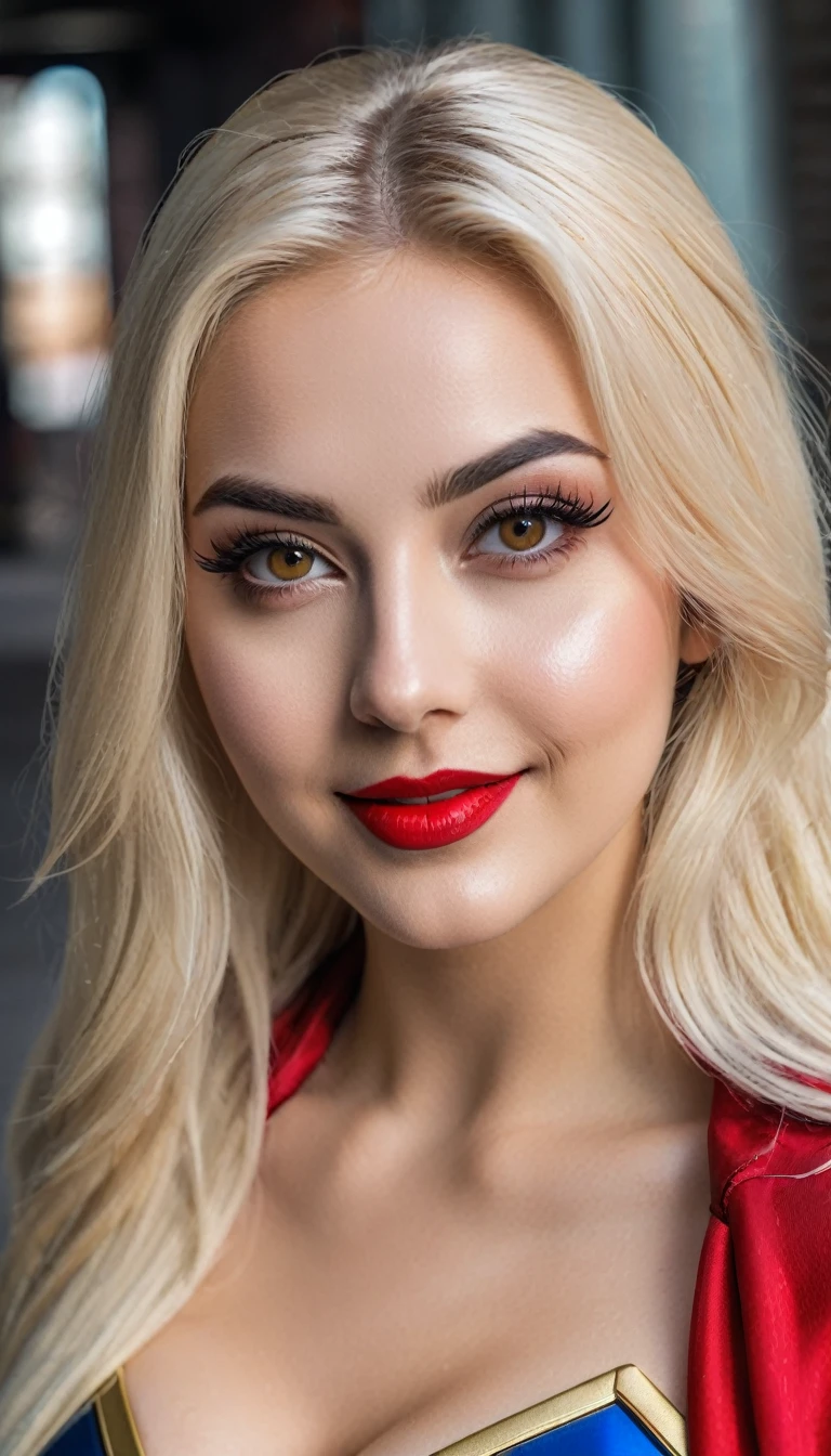 hyperrealistic beautiful busty 19-year-old woman with long legs wearing female superhero cosplay outfit, model shooting full body photography, bleached blonde very long straight hair, soaky wet skin, dark eye makeup with eyeliner, seductive smile, red lips, 8K, Best quality, Meisterwerk, ultra high resolution, (Realismus: 1.4), Originalfoto, (realistische Hautstruktur: 1.3), (Filmkorn: 1.3), (Selfie-Winkel), 1 girl, Beautiful round hazel eyes and facial details, Meisterwerk, Best quality, outdoor photography, nsfw

