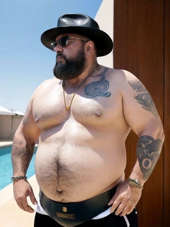 masutepiece,High quality,Highly detailed,intense scene, solid, Gritty reality setting for 50 year old sexy fat bearded man,full of sweat,Full body,Big belly,((Wearing a white shirt and white trunks)),Stunned face,Open the legs,In the darkness, Varied Camera Angles in Photography. Only chubby daddy, Chubby Bear daddy, extremely thick thighs, large belly, fat, age 50, 1 chubby man (homem completamente de costa , He is facing away from the viewer only with his back turned,. Pool Scenario, beautiful mansion, Plantas Estilo urban jungle. Dia de sol, magnificent sky, sombras e luz no ambiente . He's bearded. gesturing with hands. gold chain around the neck, rings, clock, view from below, leather hat, armbands, leather cap,bondage outfit))), tattooed arms, full body tattooed, gesturing with hands towards the viewer, (ambience and setting public bathroom vandalized and vandalized, sujeira em todo o banheiro. Luz baixa, ambiente perigoso, ambiente sinistro).