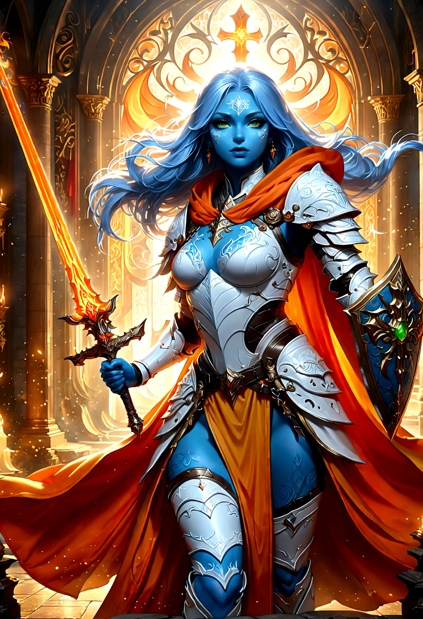 fantasy art, dnd art, RPG art, wide shot, (masterpiece: 1.4) a (portrait: 1.3) intense details, highly detailed, photorealistic, best quality, highres, portrait a female (fantasy art, Masterpiece, best quality: 1.3) ((blue skin: 1.5)), intense details facial details, exquisite beauty, (fantasy art, Masterpiece, best quality) cleric, (blue skinned: 1.3) female, white hair, long hair, (no ears: 1.5), (green eyes: 1.3), armed with a fiery sword red fire, wearing heavy (white armor: 1.3), wearing high heeled laced boots, wearing an (orange cloak:1.3), wearing glowing holy symbol GlowingRunes_yellow, within fantasy temple background, reflection light, high details, best quality, 16k, [ultra detailed], masterpiece, best quality, (extremely detailed), close up, ultra wide shot, photorealistic, RAW, fantasy art, dnd art, fantasy art, realistic art,((best quality)), ((masterpiece)), (detailed), perfect face,