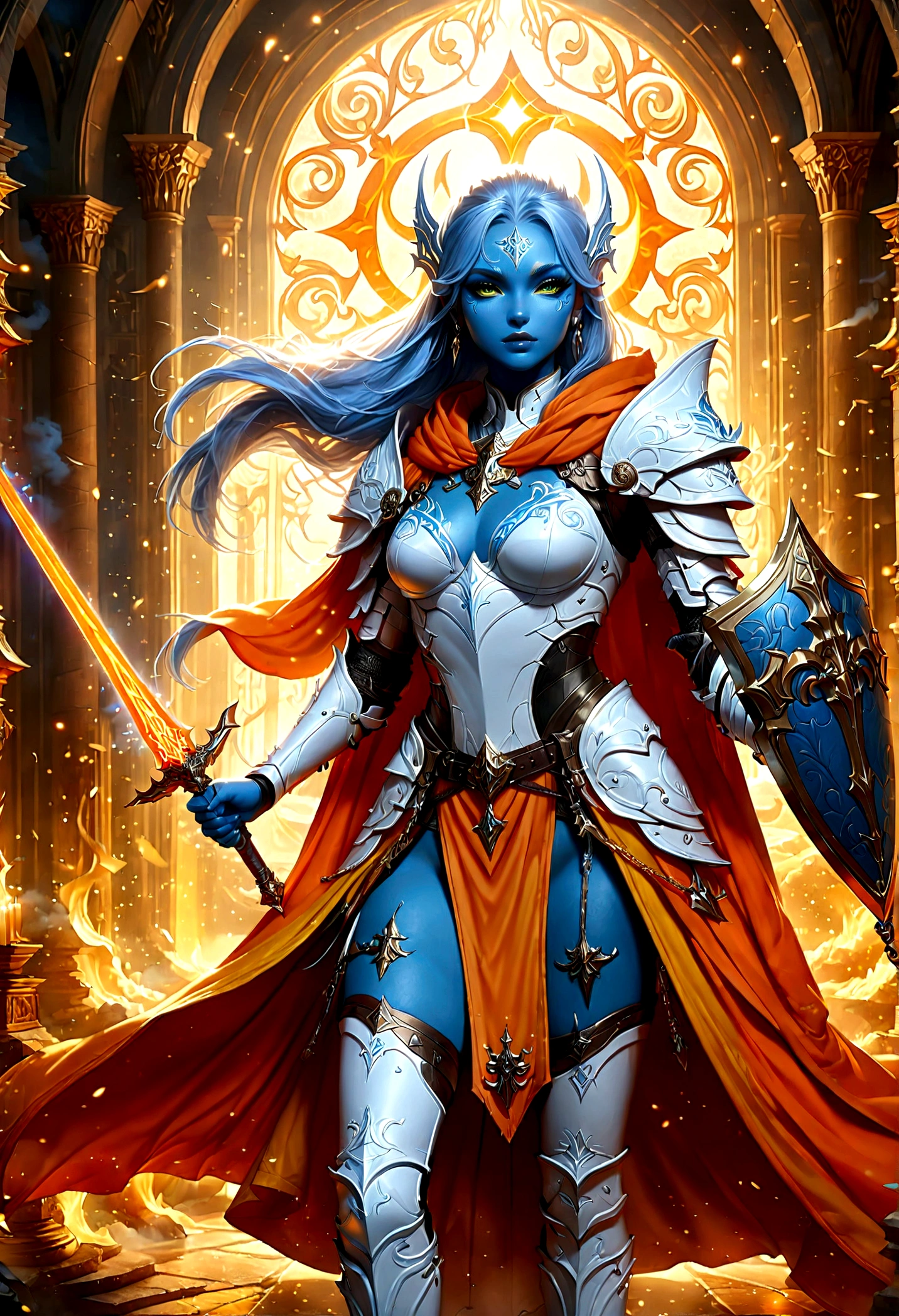 fantasy art, dnd art, RPG art, wide shot, (masterpiece: 1.4) a (portrait: 1.3) intense details, highly detailed, photorealistic, best quality, highres, portrait a female (fantasy art, Masterpiece, best quality: 1.3) ((blue skin: 1.5)), intense details facial details, exquisite beauty, (fantasy art, Masterpiece, best quality) cleric, (blue skinned: 1.3) female, white hair, long hair, (no ears: 1.5), (green eyes: 1.3), armed with a fiery sword red fire, wearing heavy (white armor: 1.3), wearing high heeled laced boots, wearing an (orange cloak:1.3), wearing glowing holy symbol GlowingRunes_yellow, within fantasy temple background, reflection light, high details, best quality, 16k, [ultra detailed], masterpiece, best quality, (extremely detailed), close up, ultra wide shot, photorealistic, RAW, fantasy art, dnd art, fantasy art, realistic art,((best quality)), ((masterpiece)), (detailed), perfect face,