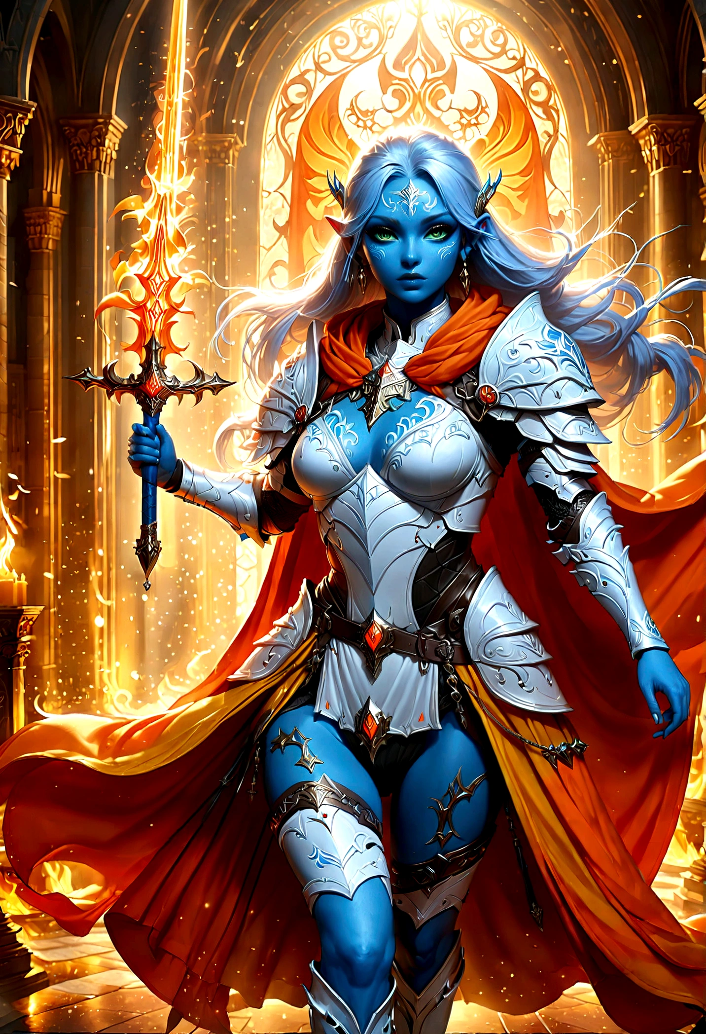 fantasy art, dnd art, RPG art, wide shot, (masterpiece: 1.4) a (portrait: 1.3) intense details, highly detailed, photorealistic, best quality, highres, portrait a female (fantasy art, Masterpiece, best quality: 1.3) ((blue skin: 1.5)), intense details facial details, exquisite beauty, (fantasy art, Masterpiece, best quality) cleric, (blue skinned: 1.3) female, white hair, long hair, (no ears: 1.5), (green eyes: 1.3), armed with a fiery sword red fire, wearing heavy (white armor: 1.3), wearing high heeled laced boots, wearing an (orange cloak:1.3), wearing glowing holy symbol GlowingRunes_yellow, within fantasy temple background, reflection light, high details, best quality, 16k, [ultra detailed], masterpiece, best quality, (extremely detailed), close up, ultra wide shot, photorealistic, RAW, fantasy art, dnd art, fantasy art, realistic art,((best quality)), ((masterpiece)), (detailed), perfect face,