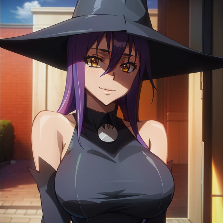 best quality, masterpiece, upper body, blair's hat, curls, black dress, detached sleeves,highschoolofthedead, smile, huge breasts