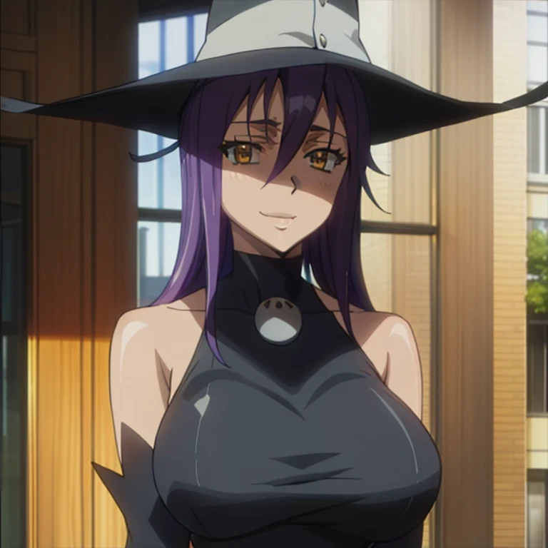 best quality, masterpiece, upper body, blair's hat, curls, black dress, detached sleeves,highschoolofthedead, smile, huge breasts