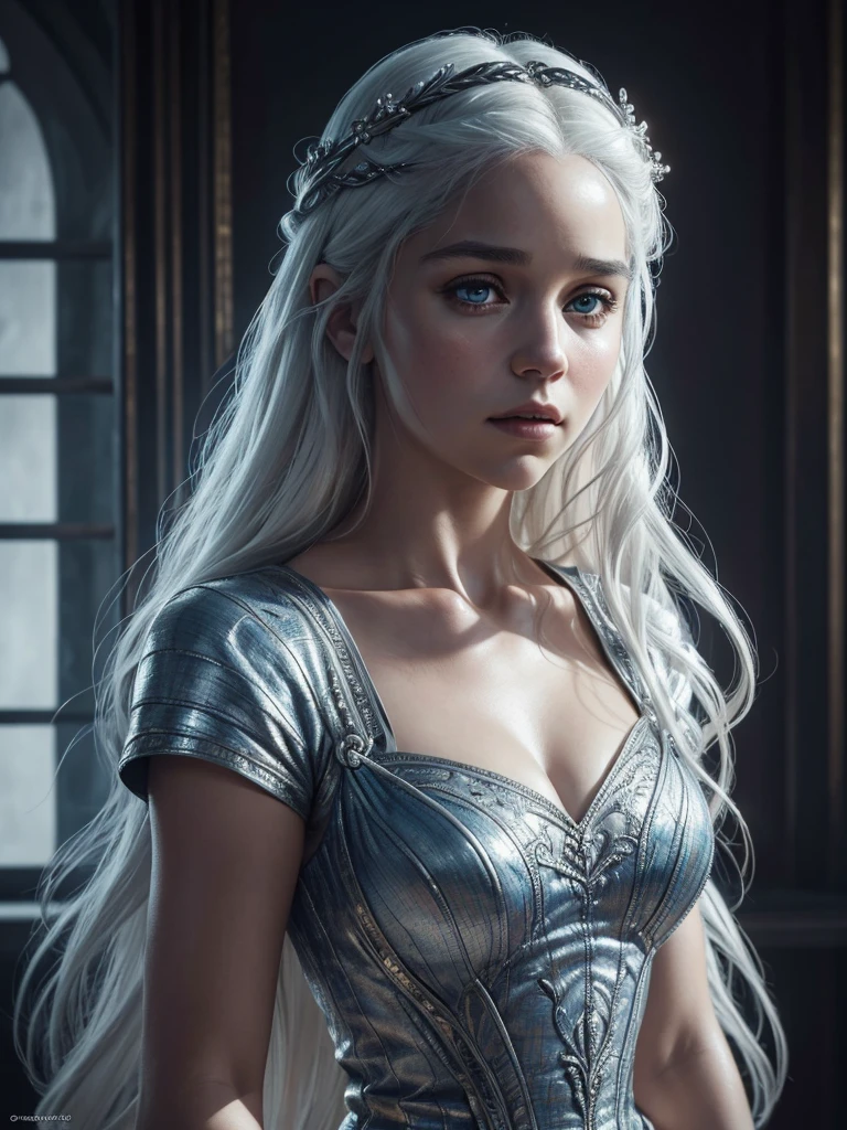 beautiful woman, Danaerys Targaryen, game of thrones dress, [[Sara Sampaio]], cleavage, platinum Blonde,