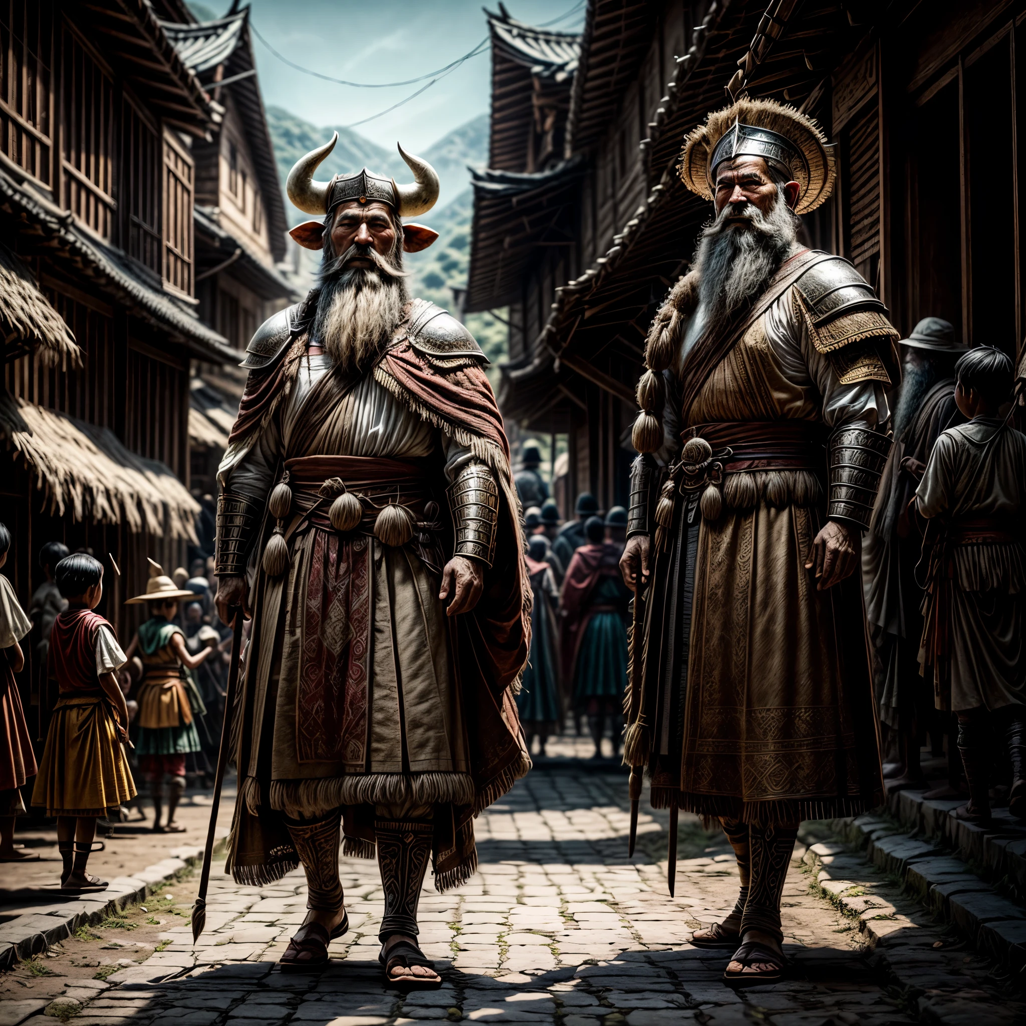 8K, Best Quality, Masterpiece, Ultra High Resolution, (highly detailed CG unity 8k wallpaper), (best illustration), (best shadows), isometric 3D, octane rendering, ray tracing, highly detailed, (wide panoramic view: 1.1), masterpiece, best quality, highres, hyper detailed, faded old photo, damaged, 1840s, Ancient asian cultural, fantasy, surreal, a real 8 foot tall cow Head Warrior stands with the local villagers, giant, beard, traditional dress, armor, costume, smile, crowd, children, outdoor, village scene, depth of field, ((blurred foreground))