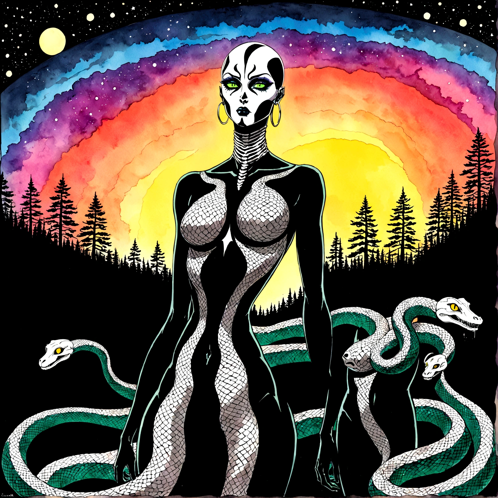 watercolor, charcoal, surreal, animated hand drawn cartoon rotoscope, (full roygbiv color) ink expressive illustration, no light source, darkness, light mask uv rays across face, absurd, with rich color grading, cel shading, warm and unified colors, animated, VHS, glitch, distorted, nostalgia, 90's retro vibe, hyper maximal, strange, hyperrealistic, rotoscope expressive ink bold line hand drawn, in a cinematic style, analog tape, vcr aesthetics, tv, television, hand drawn, minimal, precise, Medusa, splash page decompressed comic cover art, ink style figure, ((expressive Joelle Jones and "Sean Gordon Murphy" comic drawing)), wordless, cinematic poster, , forest green, earth brown), morphology ??????? drawn Frederic Delavier musculature anatomical illustration, (face, ornate black metal ?????? paint, resembles Grace Jones), abyss void black no visibility darkness, full length portrait, colors, bleak muted deep fiery radiant glowing ROYGBIV, (background, pine barrens, entropy, rewilding, magic hour sunset, galaxy stars, cosmos), candid, snake skin dress, (body, Naga, snakefolk, lower body snake tail, snake woman hybrid, bald, hairless, skeleton, snake skin tattoos, piercing eyes, snake pupils, over the shoulder), craftsmanship nuance, (Gerardo Zaffino charcoal), (horror, abstract, surreal, body, cosmic), subliminal orchids, nyctophobia, silhouette, double exposure, image within image,
