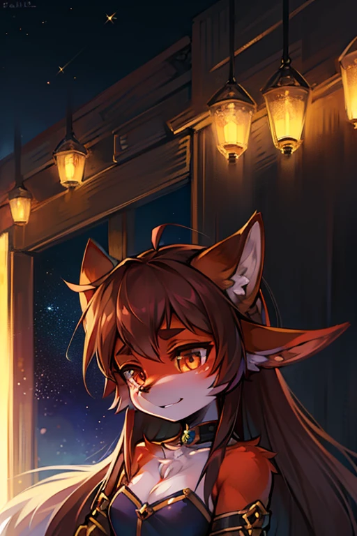 Fille astronaute dans le style furry renard , long brown hair , des oreilles de renard et queue de renard , et des taches de rousseur , in colored space